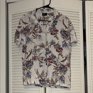 White Floral Short-Sleeve Button-Down Shirt